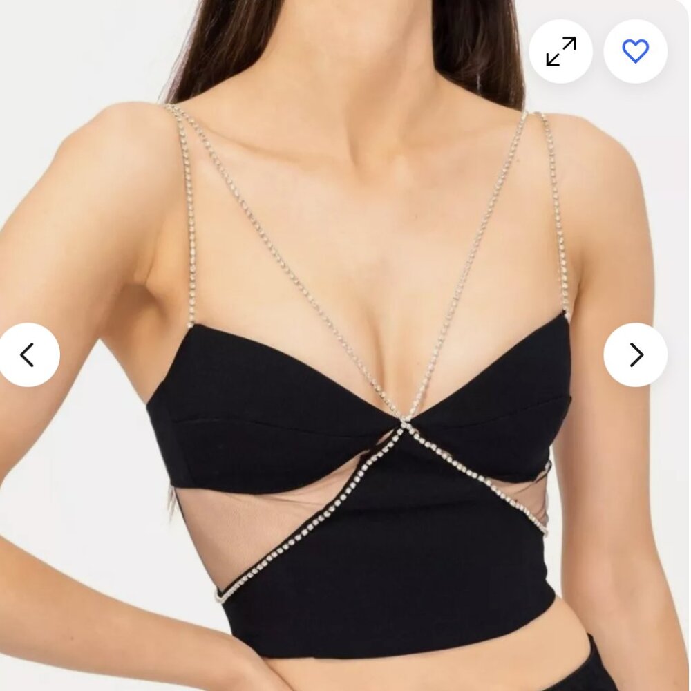 Heiress Beverly Hills Black Diamante Rhinestone Strap Crop Tank Top NWT Size XS